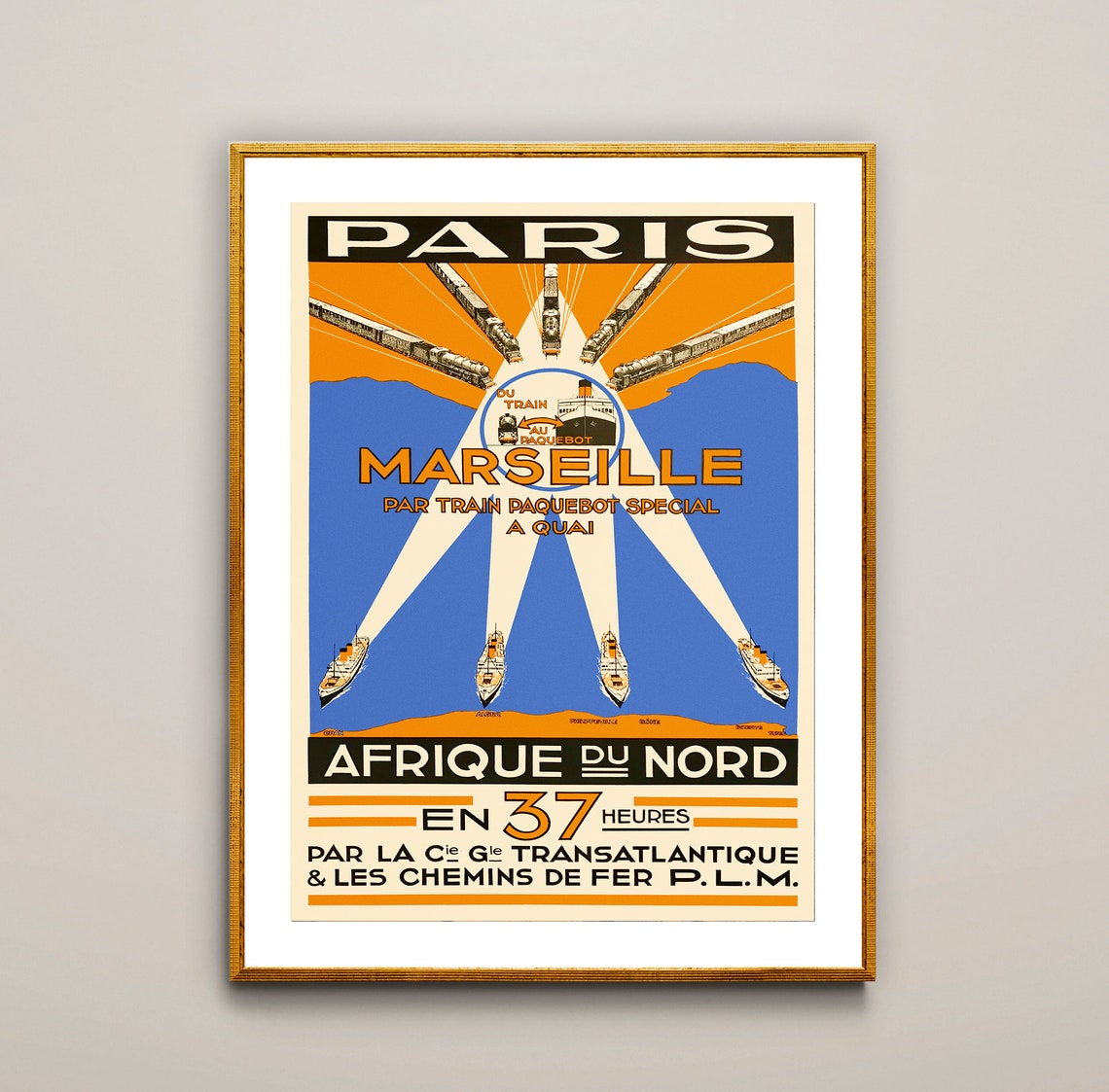 Paris Marseille Afrique du Nord en 37 Heures Art Deco Travel Poster