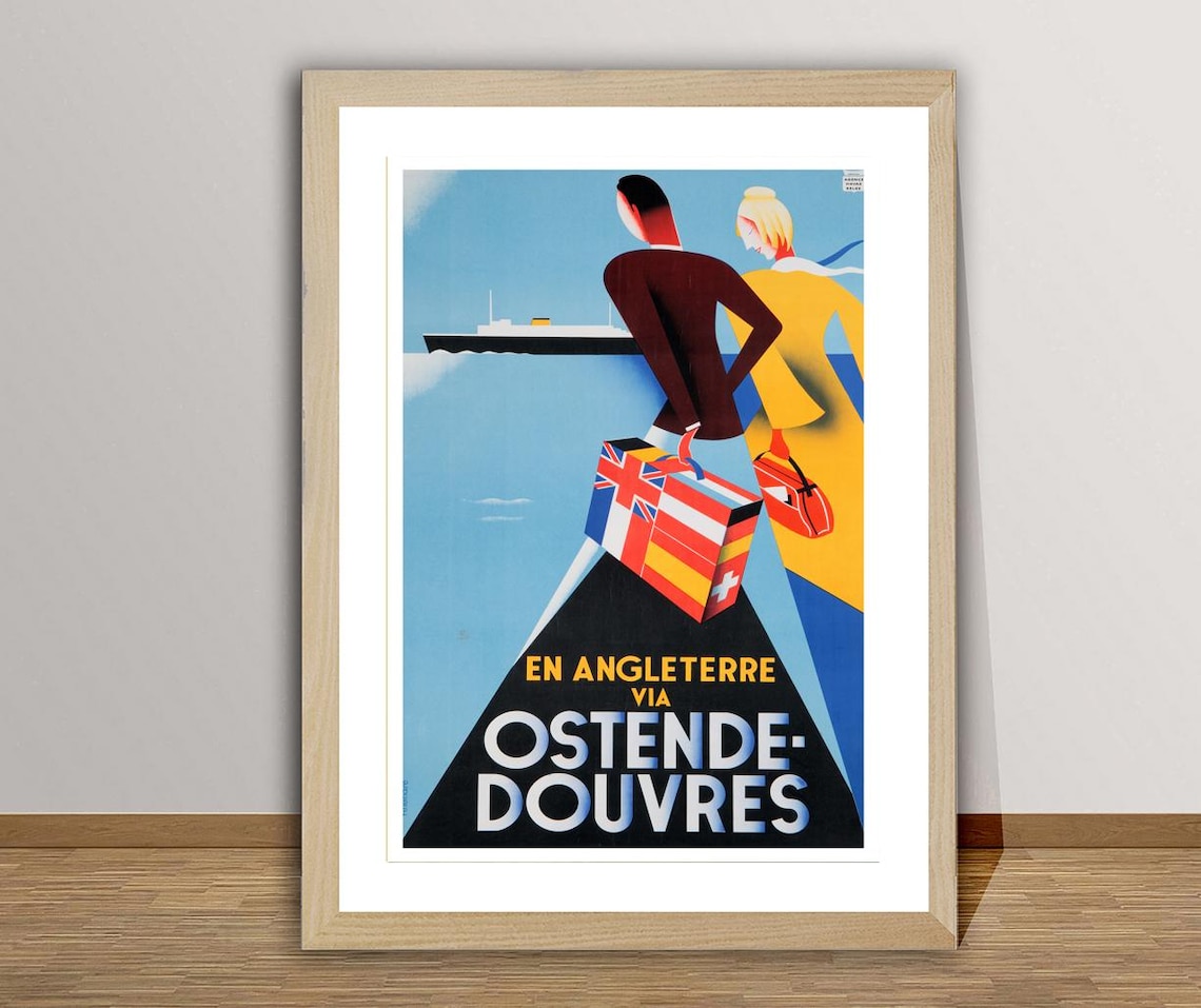 Ostende Douvres Ferry England Crossing Deco Vintage Travel Poster
