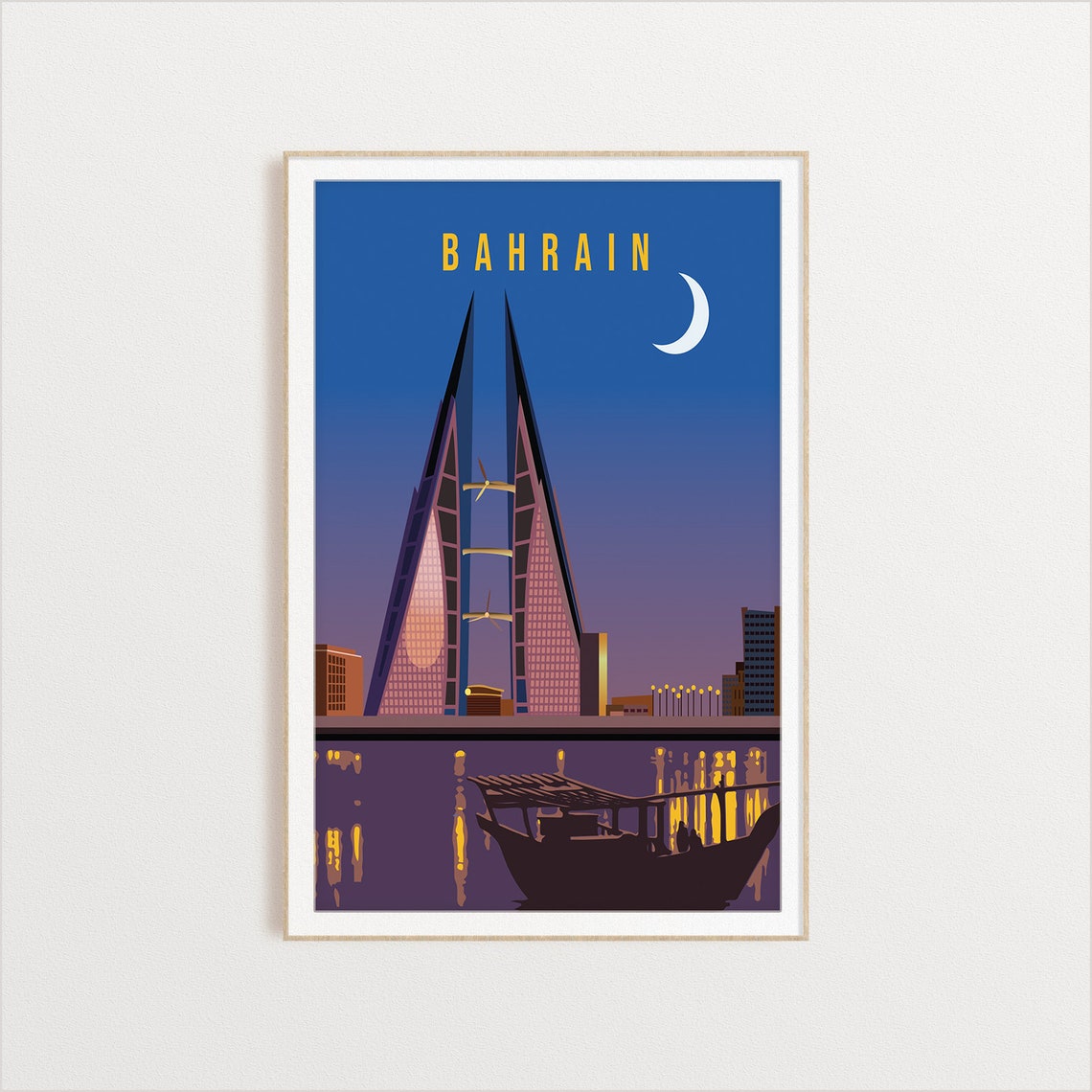 Bahrain Vintage Travel Art Twin Towers Moonlit Night Skyline Poster - Image 2