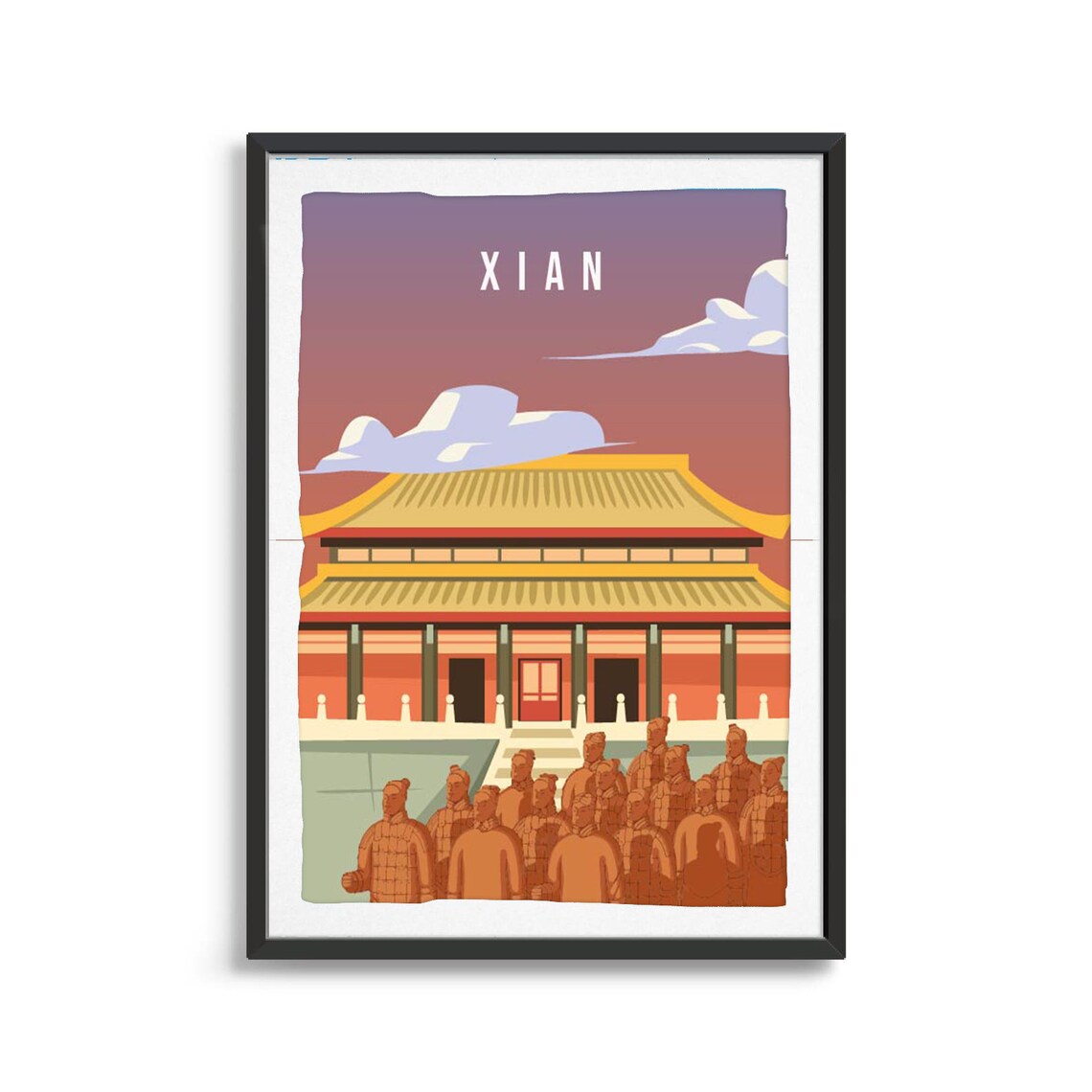Xian Terracotta Warriors Chinese Palace Vintage Travel Poster