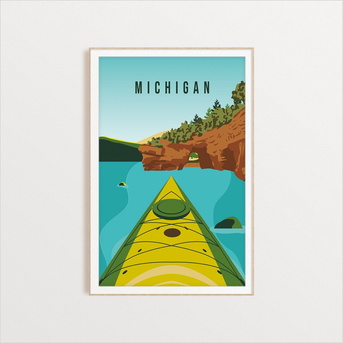 Michigan Kayak Travel Poster Red Rock Arch Lake Adventure Art Scene - Image 2