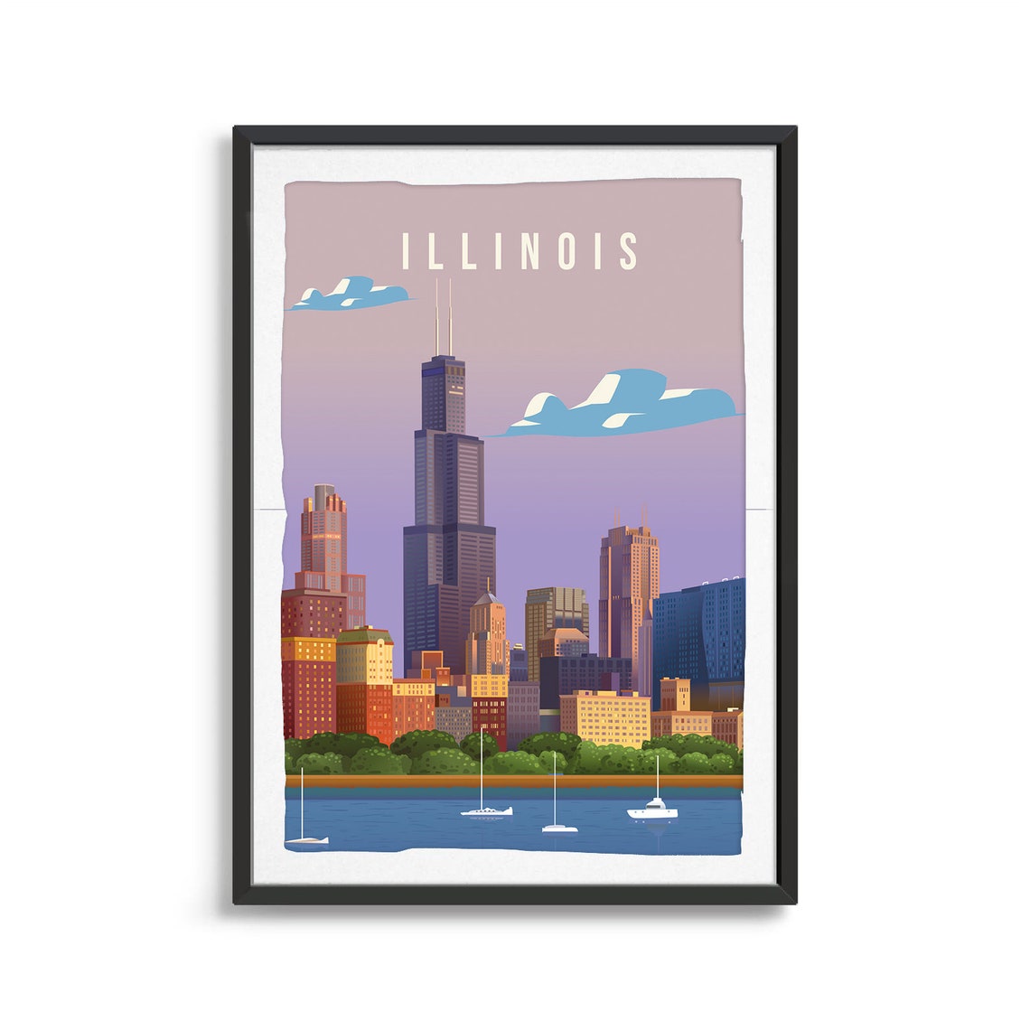 Illinois Chicago Travel Poster With Willis Tower Lakefront Skyline Art