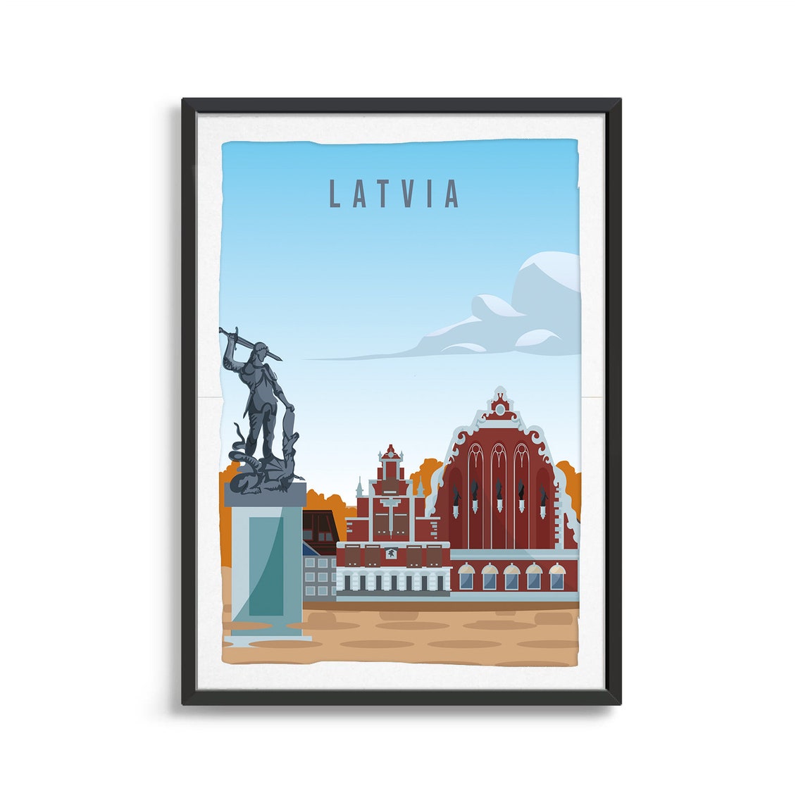 Latvia Vintage Travel Art Riga Old Town Square Statue Poster - Image 2