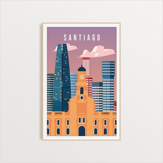Santiago Vintage Travel Art Downtown Skyline Clock Tower Poster