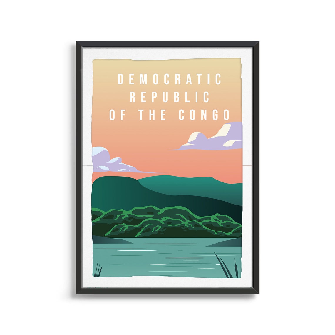 Democratic Republic of the Congo Mountain Lake Sunset Travel Poster