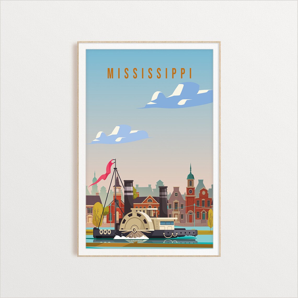 Mississippi Riverboat Travel Poster Paddle Wheel Steamboat Town Art - Image 2