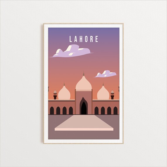 Lahore Badshahi Mosque Travel Poster White Dome Islamic Art Scene