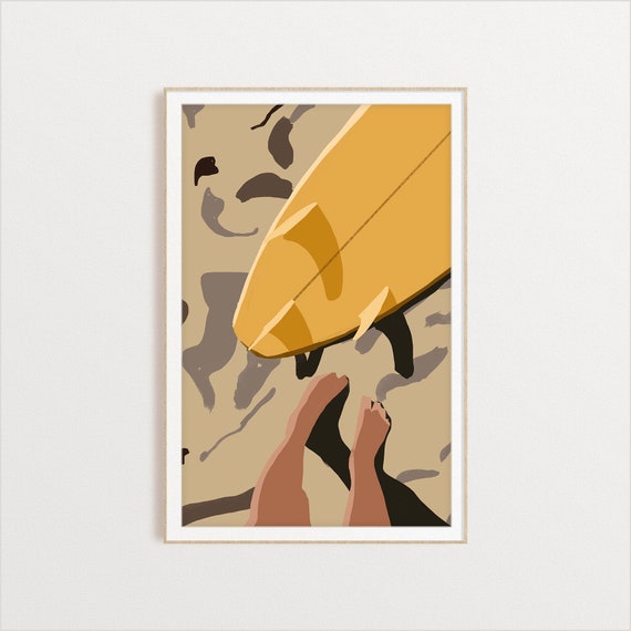 Feet In The Sand Surfboard Illustration, Ocean Art Print