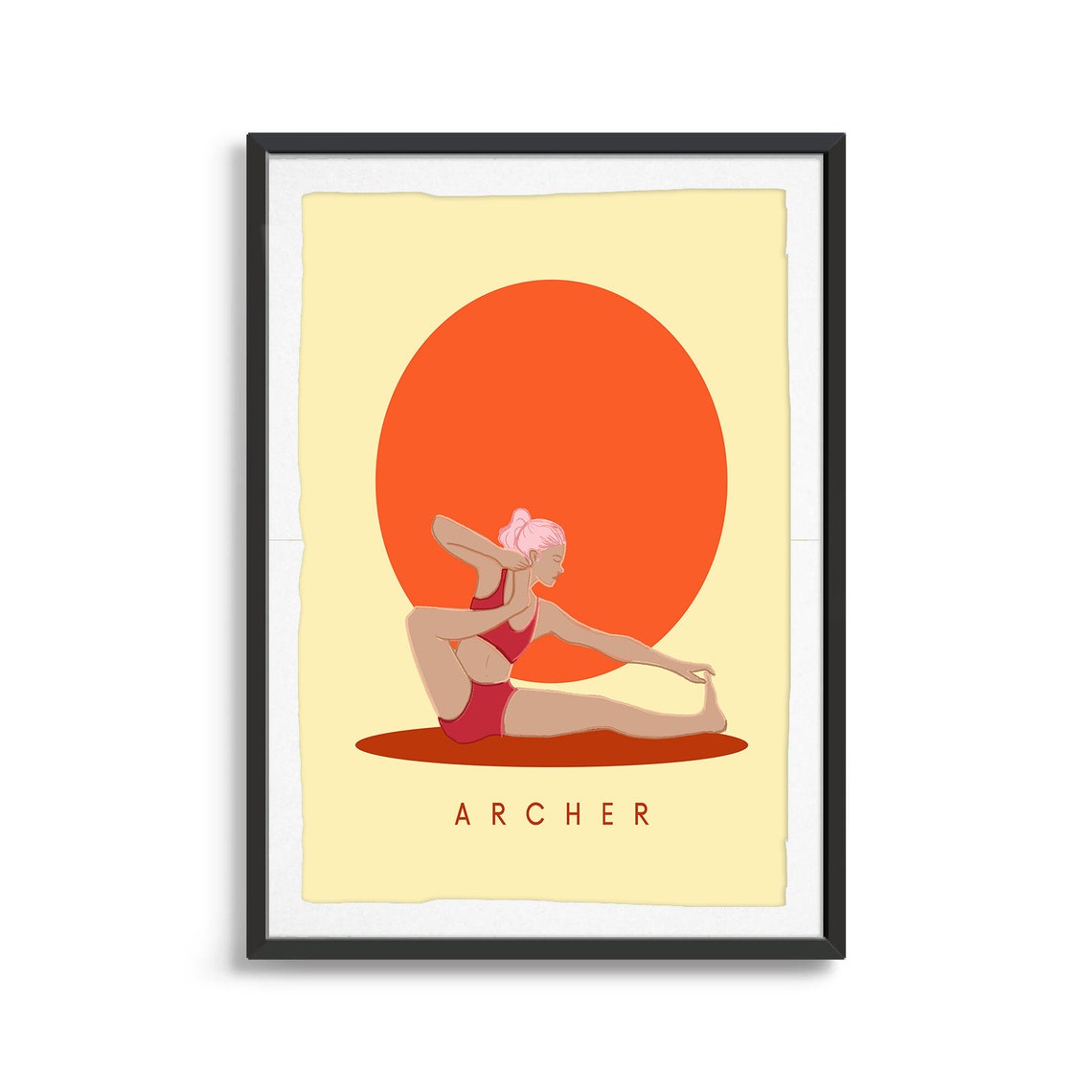 Archer Yoga Pose Retro Illustration With Bold Orange Sun Poster