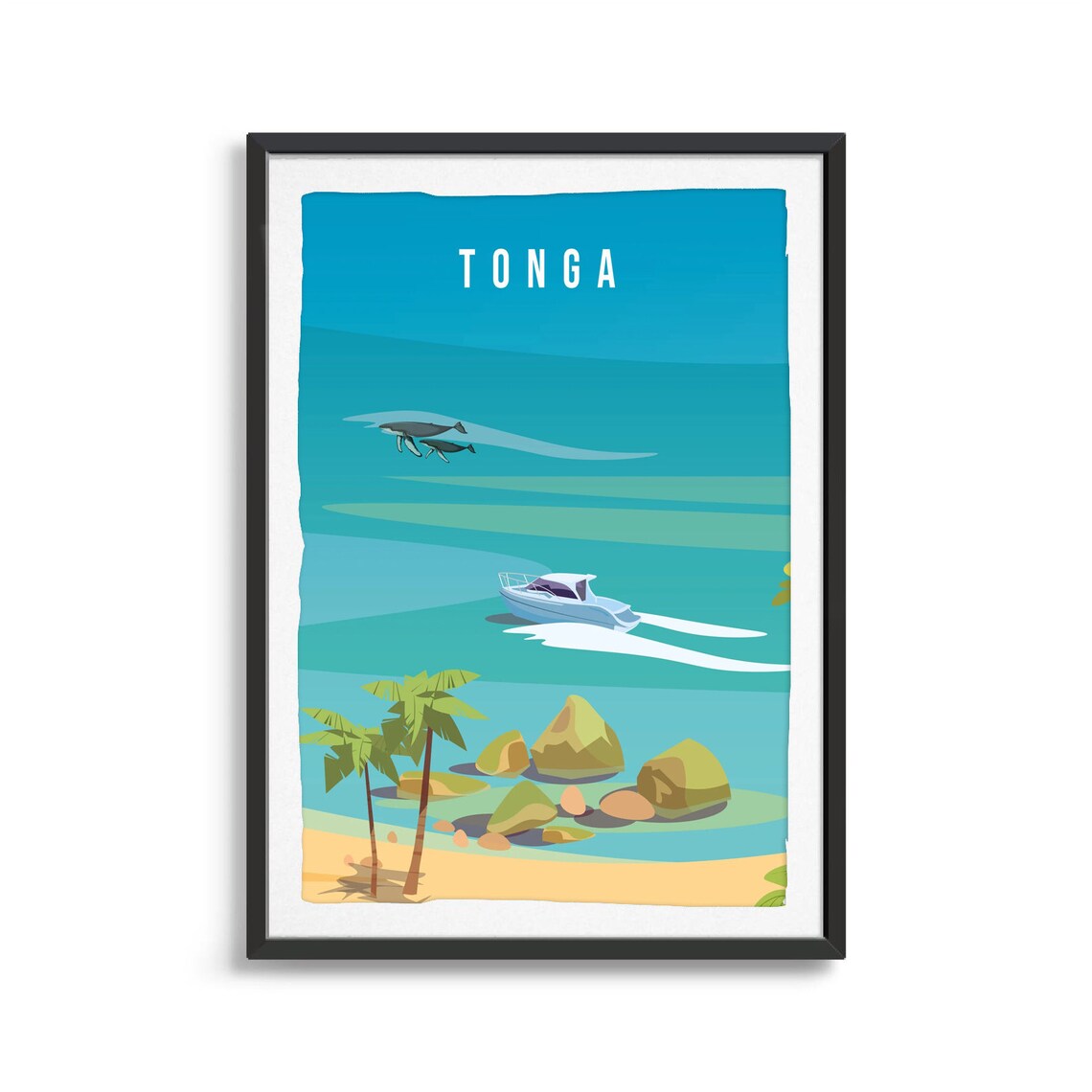 Minimalist Tonga Beach Boat Whales Tropical Sea Travel Souvenir Poster - Image 2