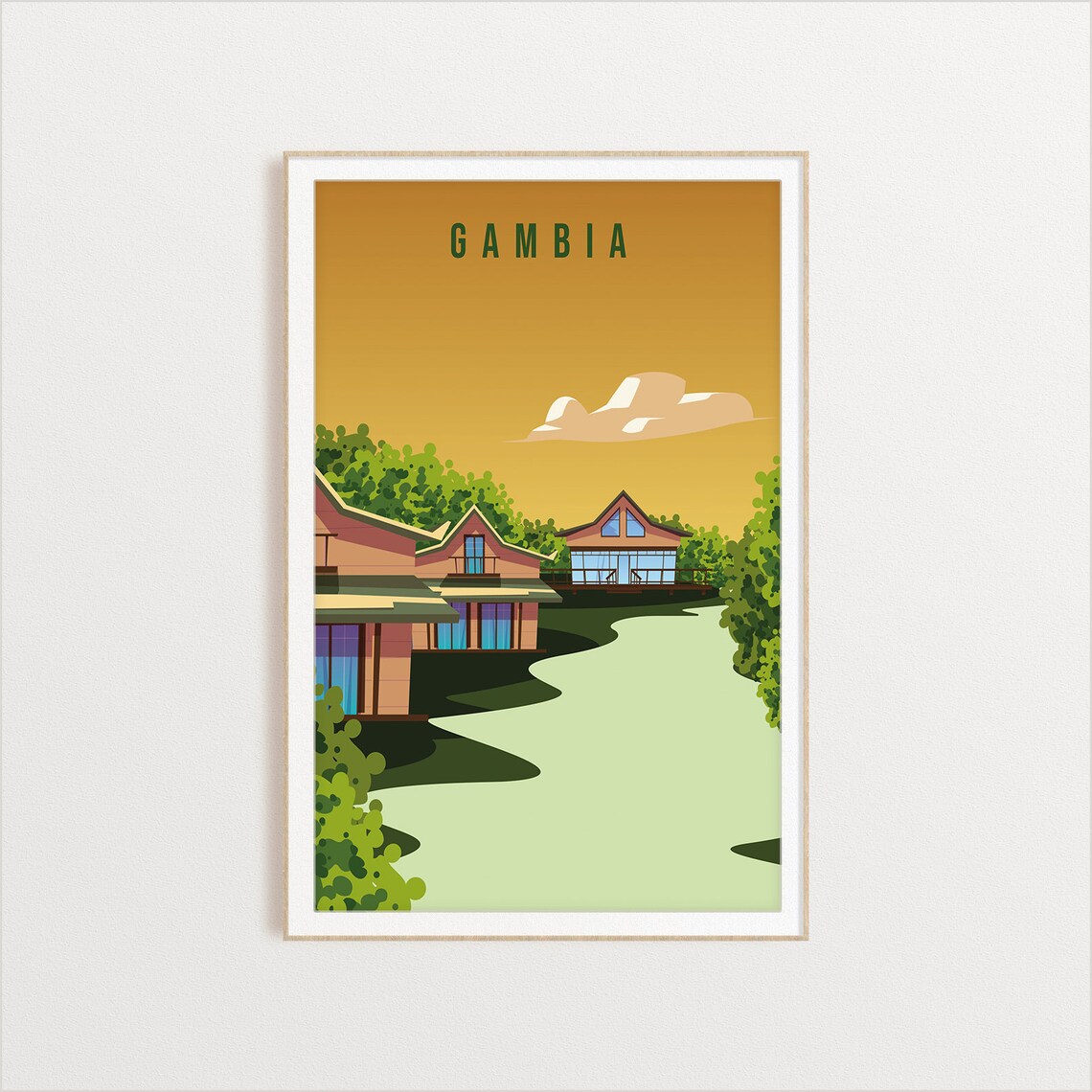 Gambia Vintage Travel Art River Lodge Golden Sunset Scene Poster