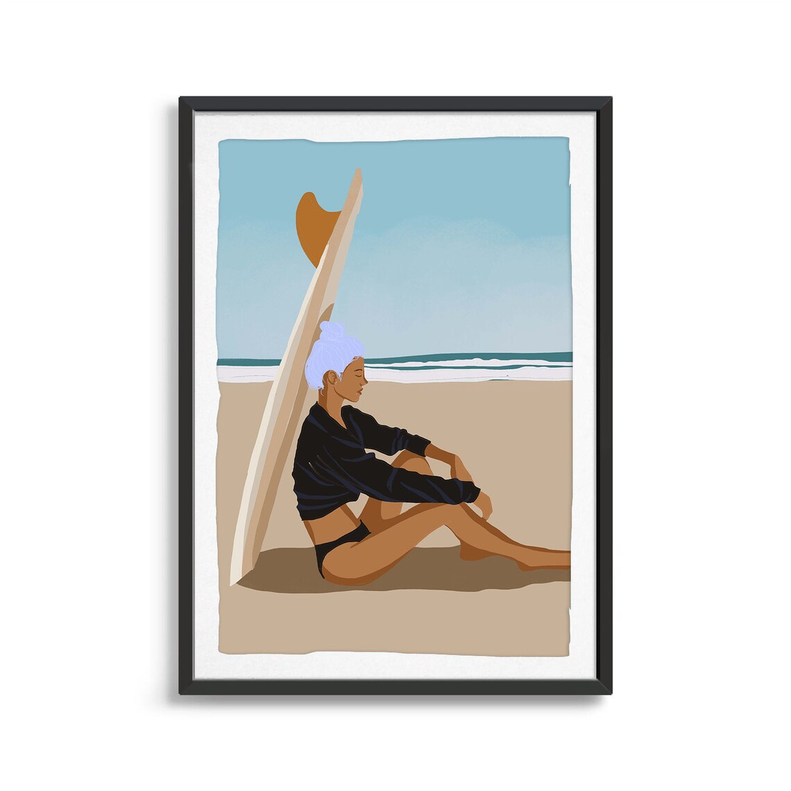 Surfer Girl Resting on Her Board, Ocean Art Print - Image 2