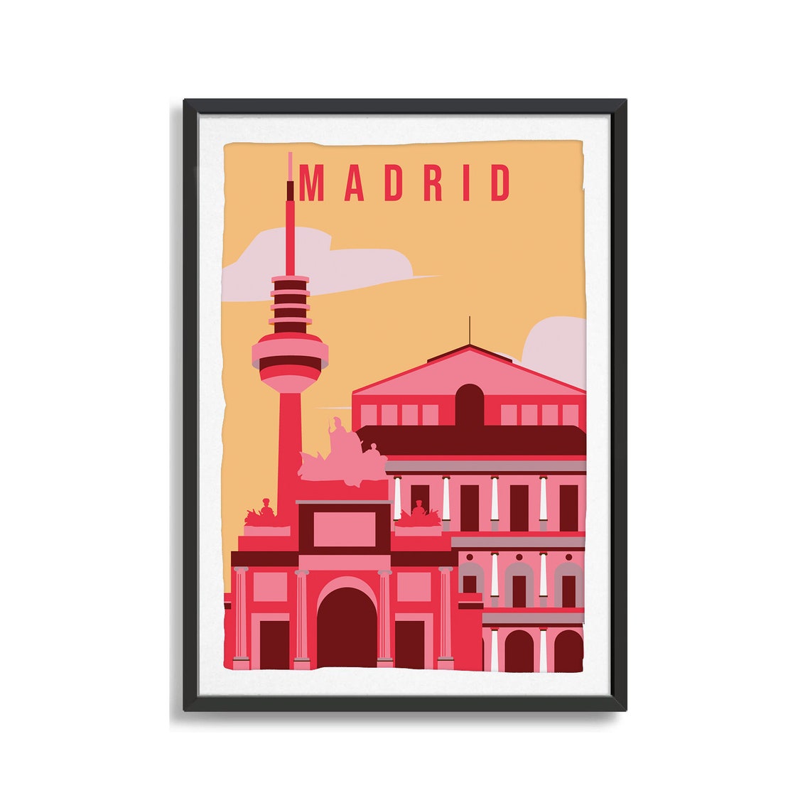 Madrid Warm Red Landmark Building Tower Travel Souvenir Poster