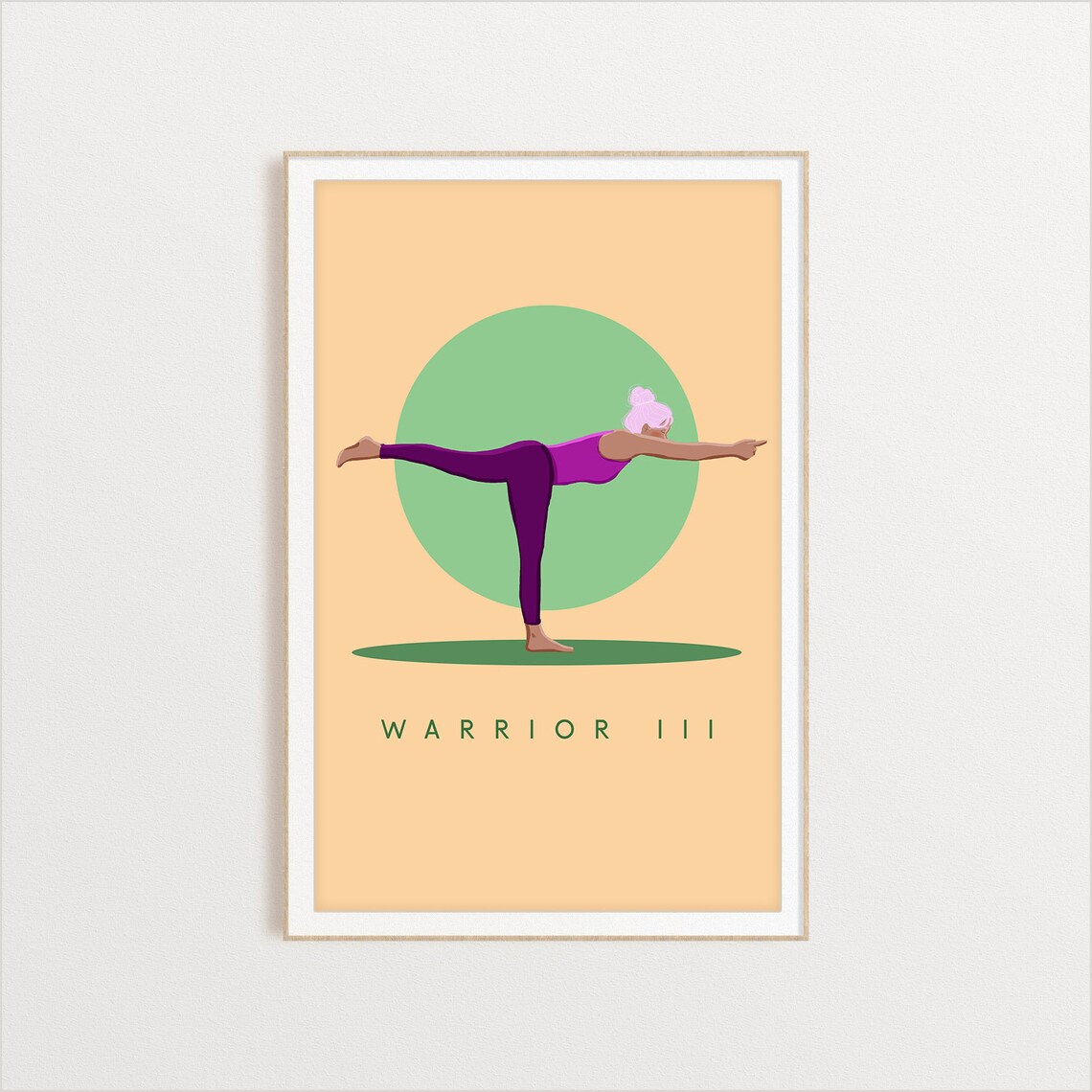 Warrior III Yoga Pose Minimalist Illustration With Green Circle Poster