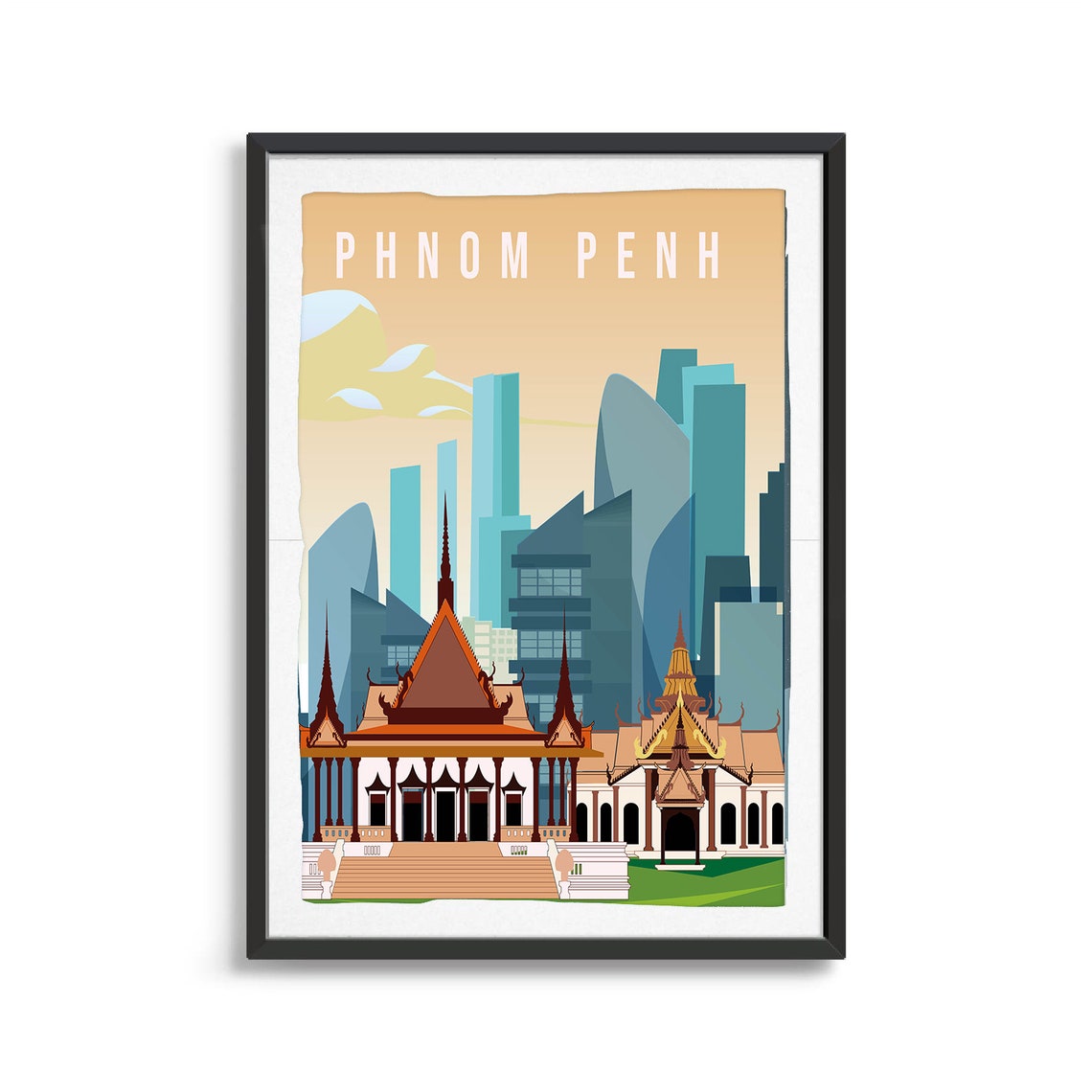 Phnom Penh Royal Palace Temple Skyline Travel Souvenir Poster