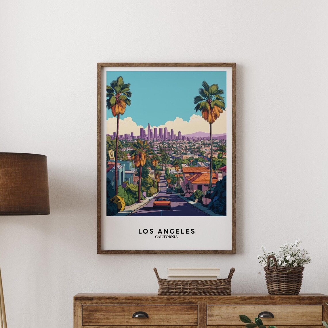 Los Angeles California Retro Travel Poster With Orange Car And Palms