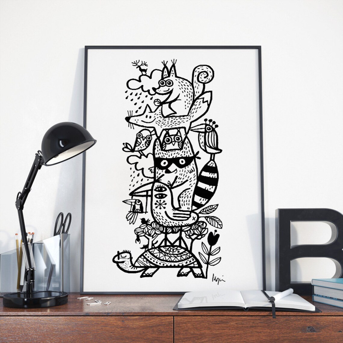Stacked Woodland Animals Doodle Black and White Nursery Art Poster