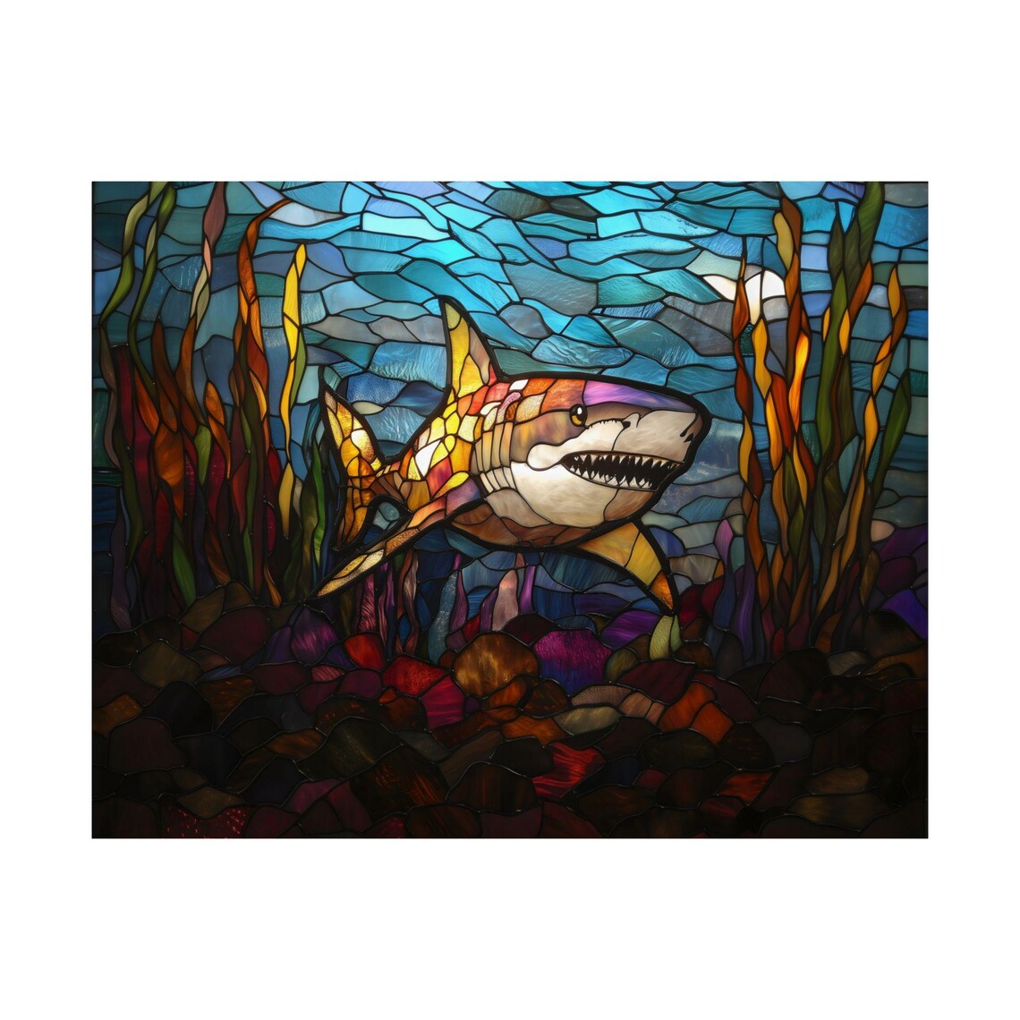 Stained Glass Shark Ocean Kelp Blue Water Coastal Sea Life Art Poster - Image 3