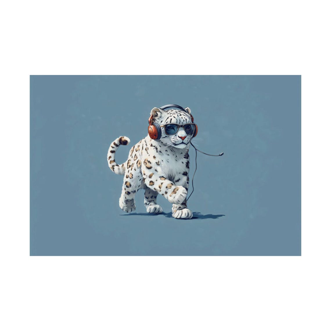 Snow Leopard Cub Sunglasses Headphones Cool Blue Animal Art Poster - Image 3