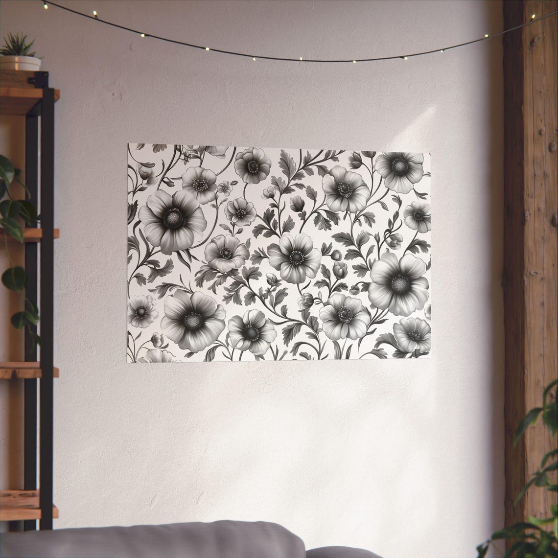 Black and White Floral Pattern Botanical Line Art Vintage Style Poster - Image 2