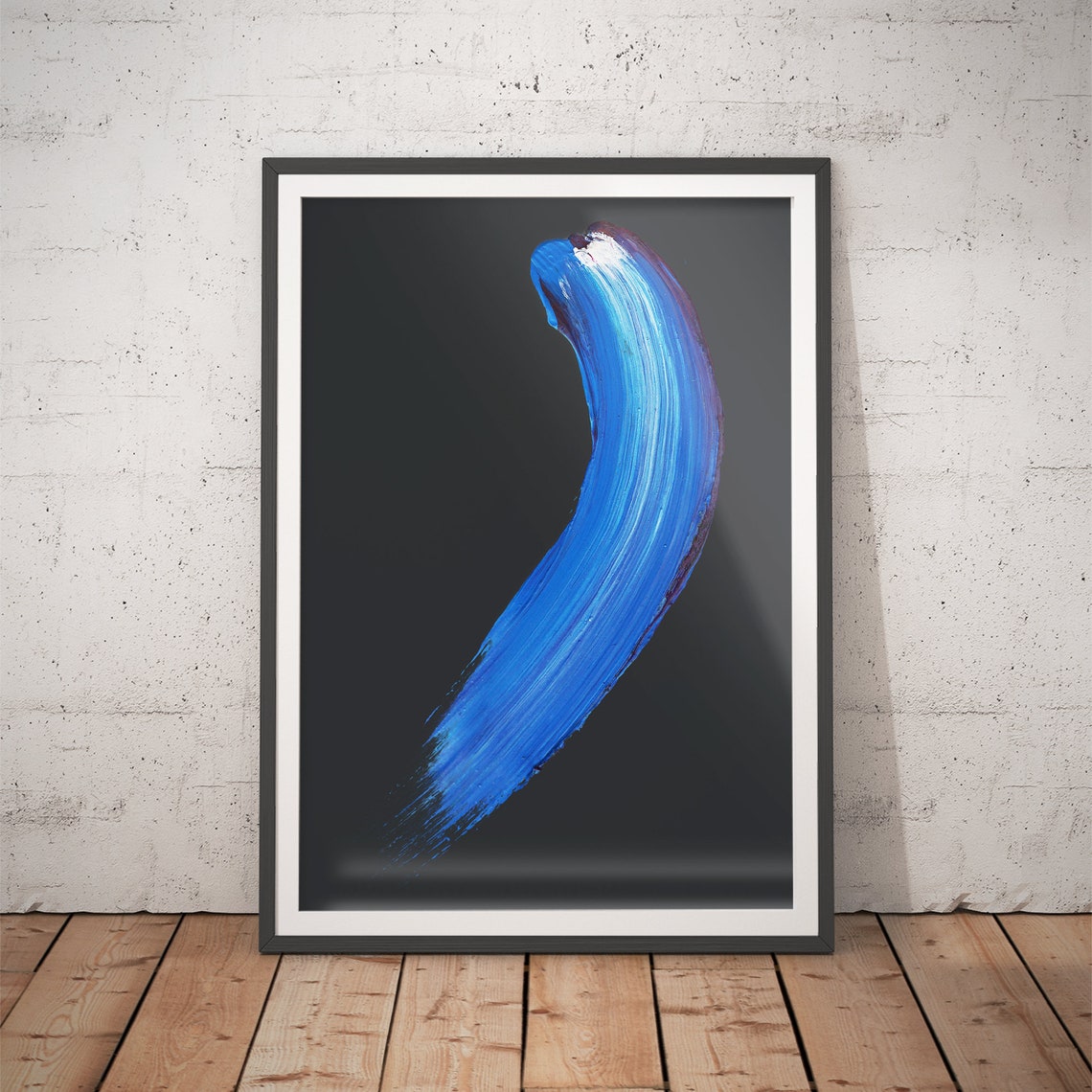 Cobalt Blue Curved Paint Stroke Brushstroke Art on Black Poster