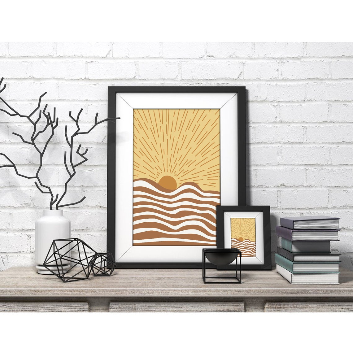 Golden Sunburst Rising Over Striped Ocean Waves Retro Art Poster - Image 4