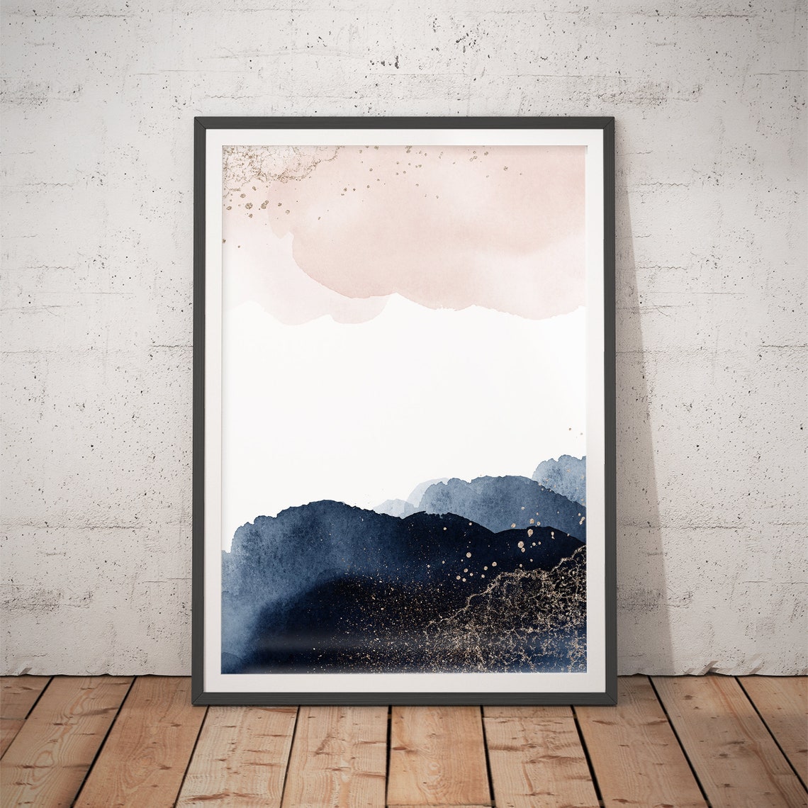 Blush Sky Over Navy Mountains Gold Specks Minimal Art Poster