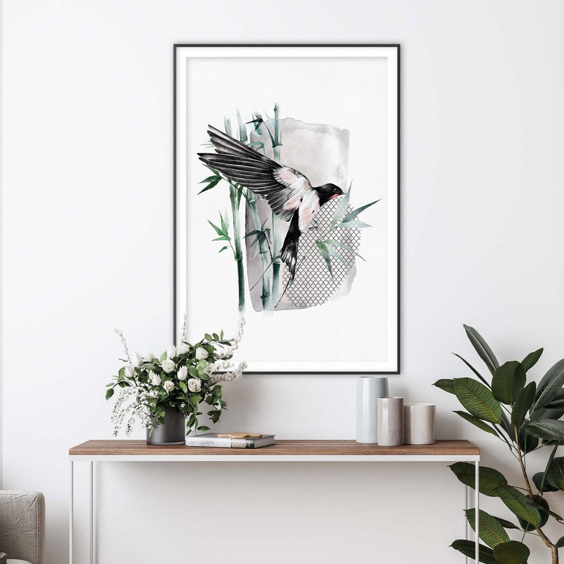 Flying Swallow Among Bamboo Stalks Japanese Watercolor Poster - Image 2