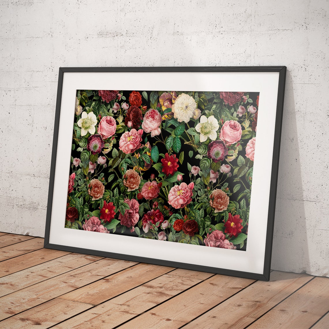 Vintage Rose Garden with Blush and Red Blooms on Black Poster - Image 4