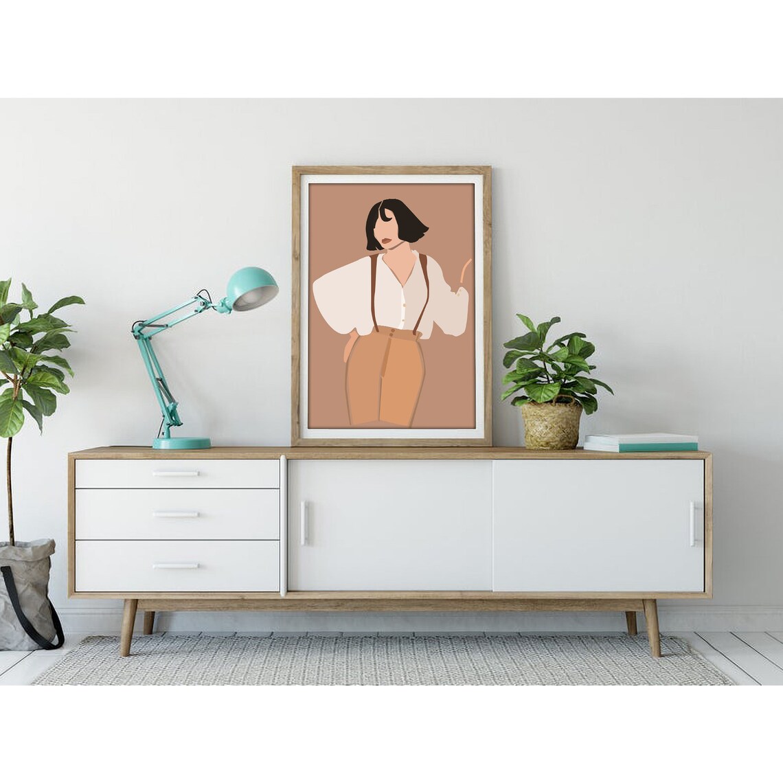 Bob Haircut Woman in Suspenders Blush Portrait Poster for Modern Home Decor - Image 3