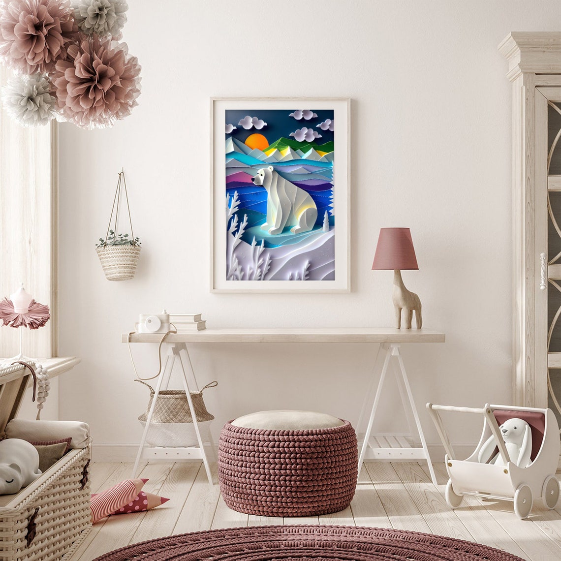 Polar Bear Paper Cut Nursery Art Print - Image 4