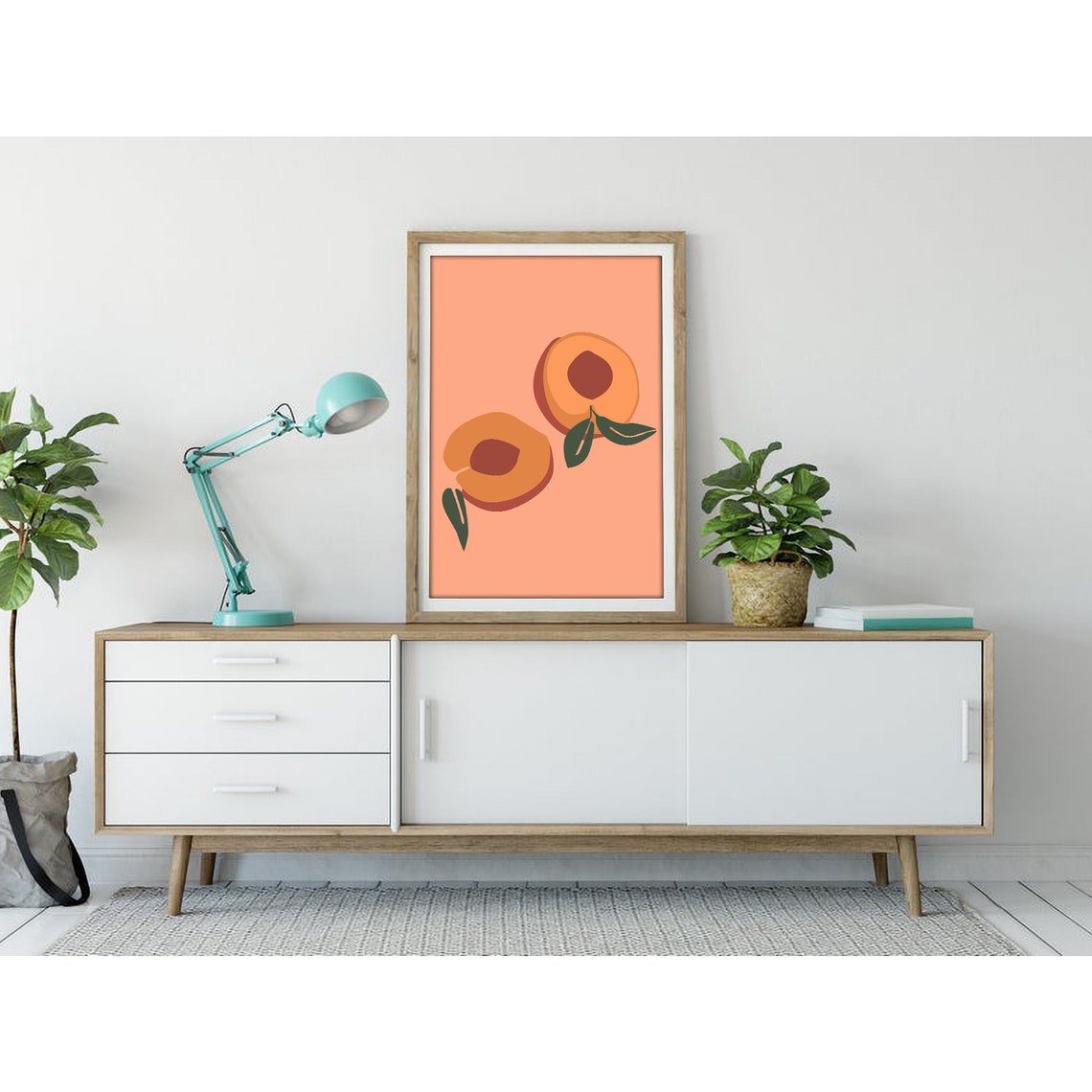 Two Sliced Apricots with Green Leaves on Peach Fruit Art Poster - Image 3