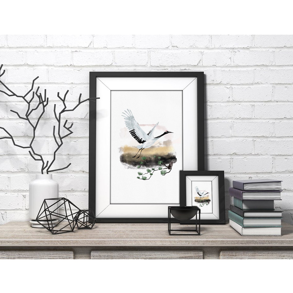 Red-Crowned Crane Flying over Pine Branch Japanese Ink Art Poster - Image 4