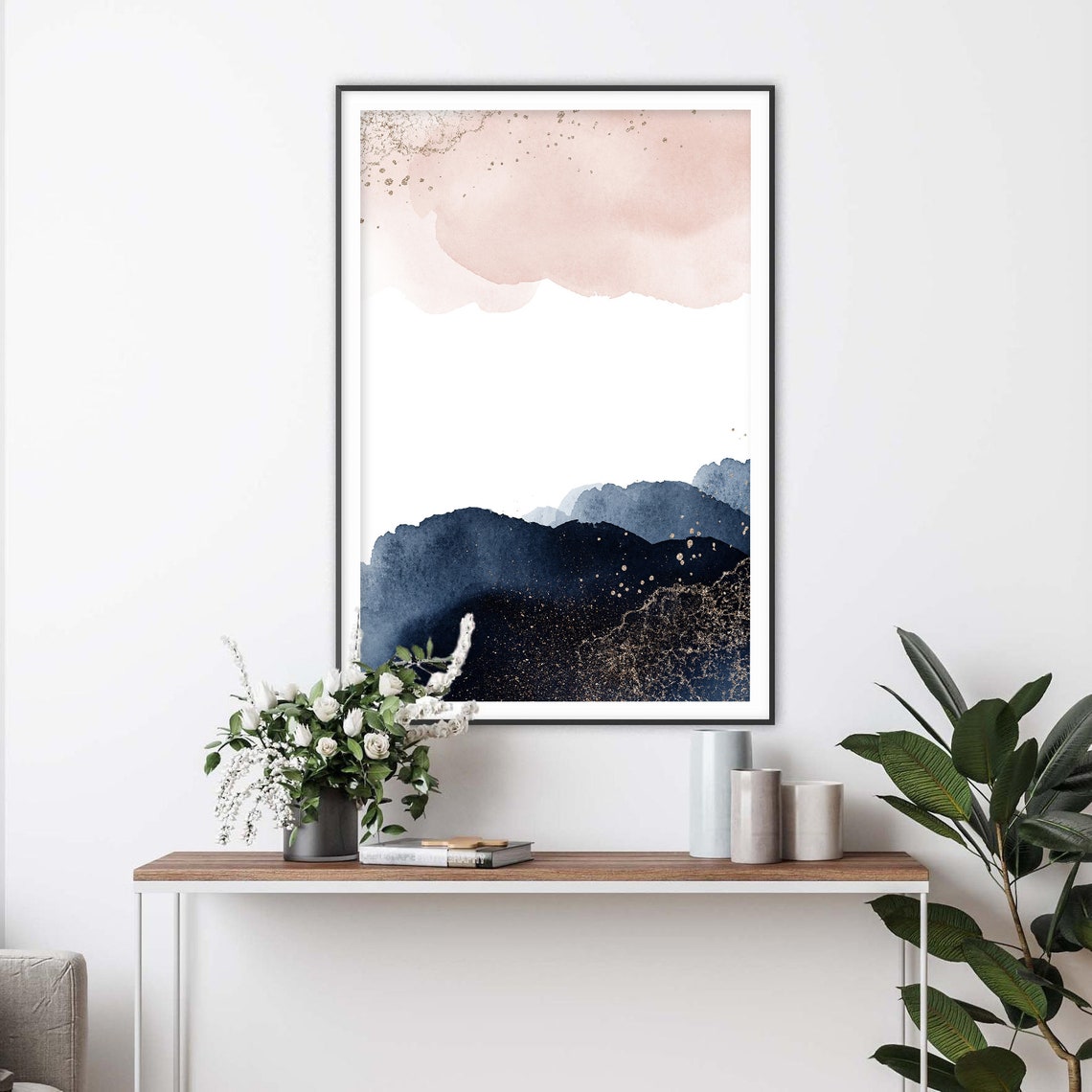 Blush Sky Over Navy Mountains Gold Specks Minimal Art Poster - Image 2