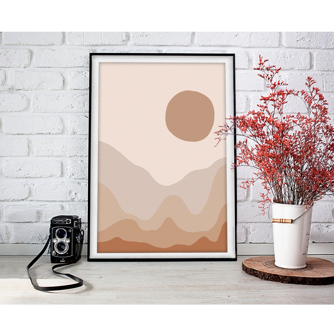 Blush Cream Layered Desert Dunes Round Sun Abstract Landscape Poster - Image 3