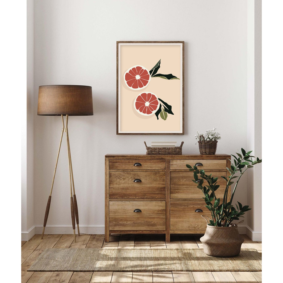 Sliced Grapefruit Pair with Leaves on Cream Kitchen Art Poster - Image 2