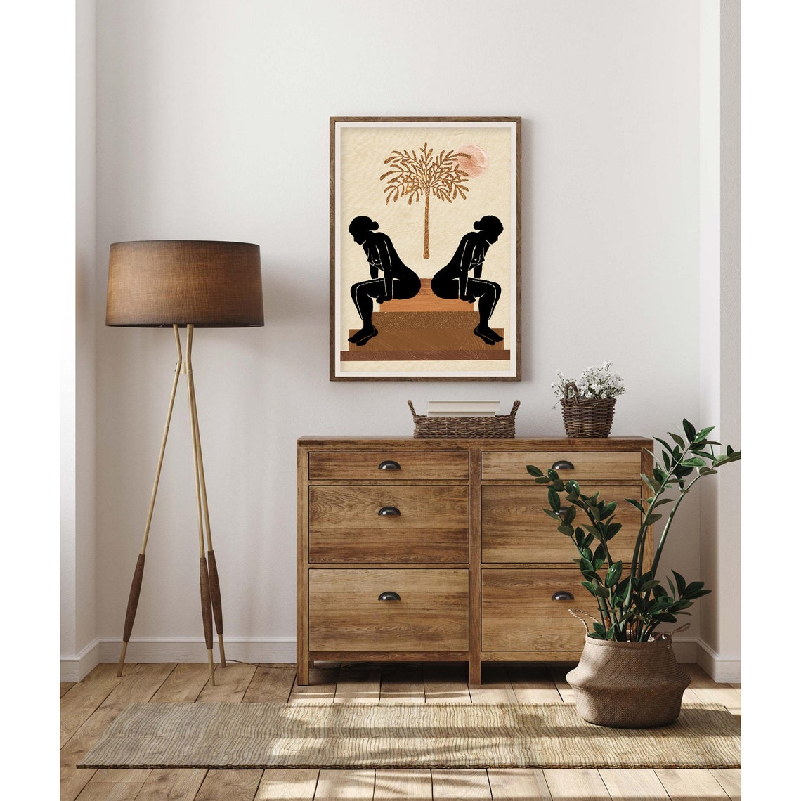 Mirrored Black Seated Women Gold Palm Sun Poster for Modern Home Decor - Image 2