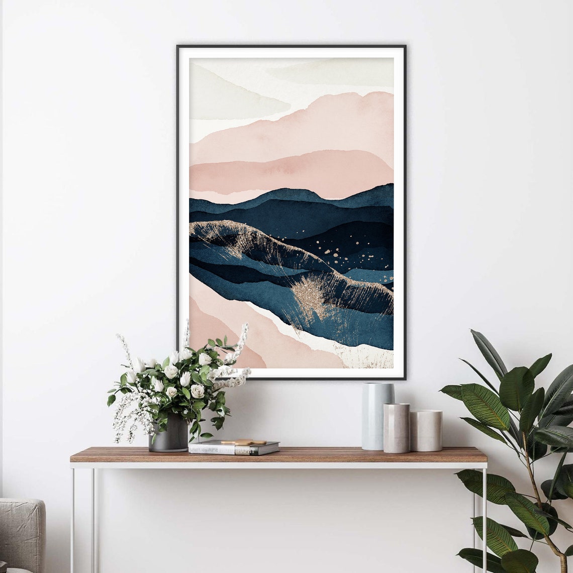 Blush and Navy Mountains With Gold Wave Modern Watercolor Art Poster - Image 2