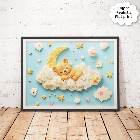 Sweet Sleeping Bear Moon Cloud Cute Nursery Paper Art Poster