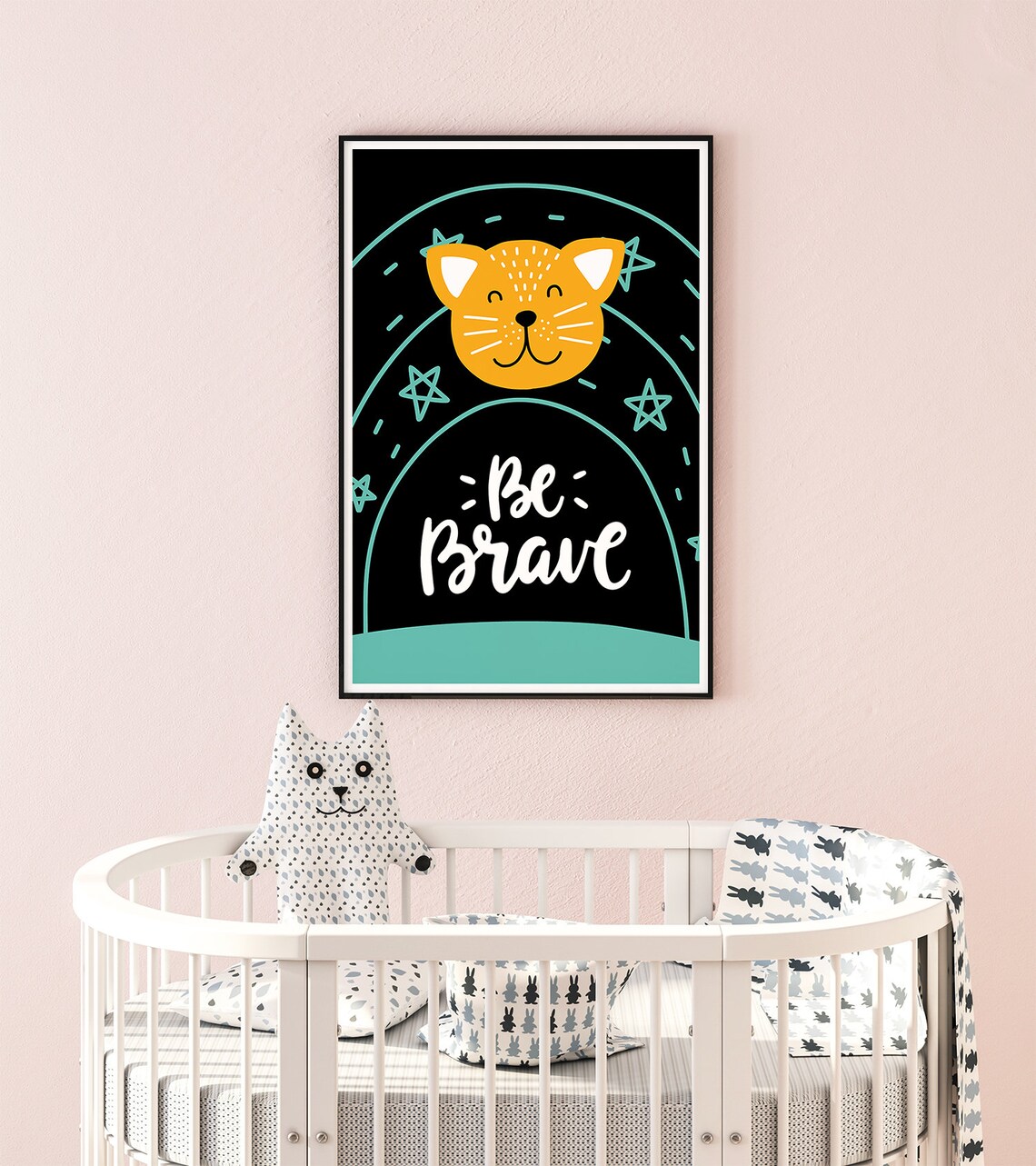 Be Brave Orange Cat Face Poster Black Night Stars Kids Bedroom Decor - Image 2