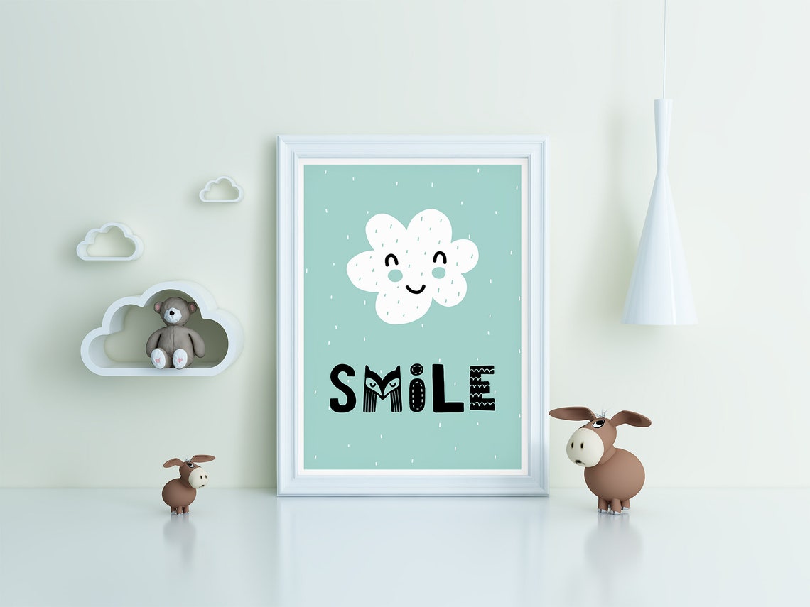 Smile Happy White Cloud Mint Green Nursery Typography Poster - Image 3