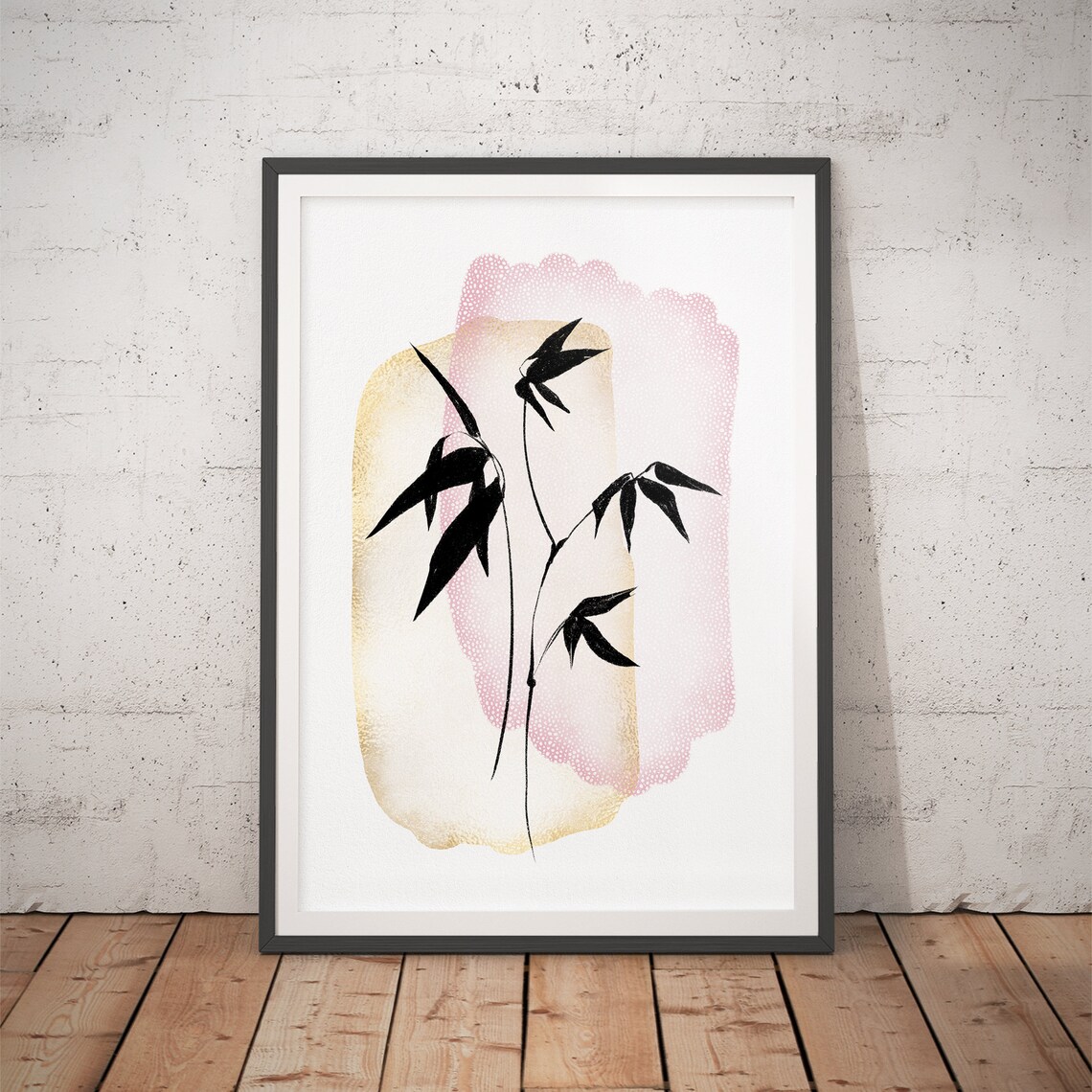Black Bamboo Silhouette on Blush Pink Wash Japanese Watercolor Poster