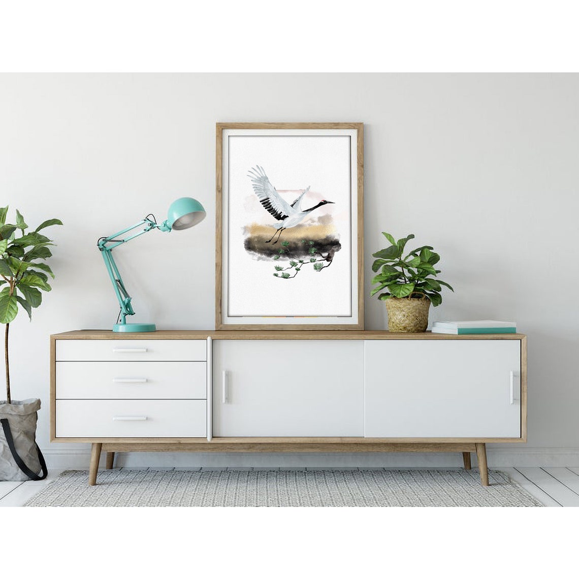 Red-Crowned Crane Flying over Pine Branch Japanese Ink Art Poster - Image 3