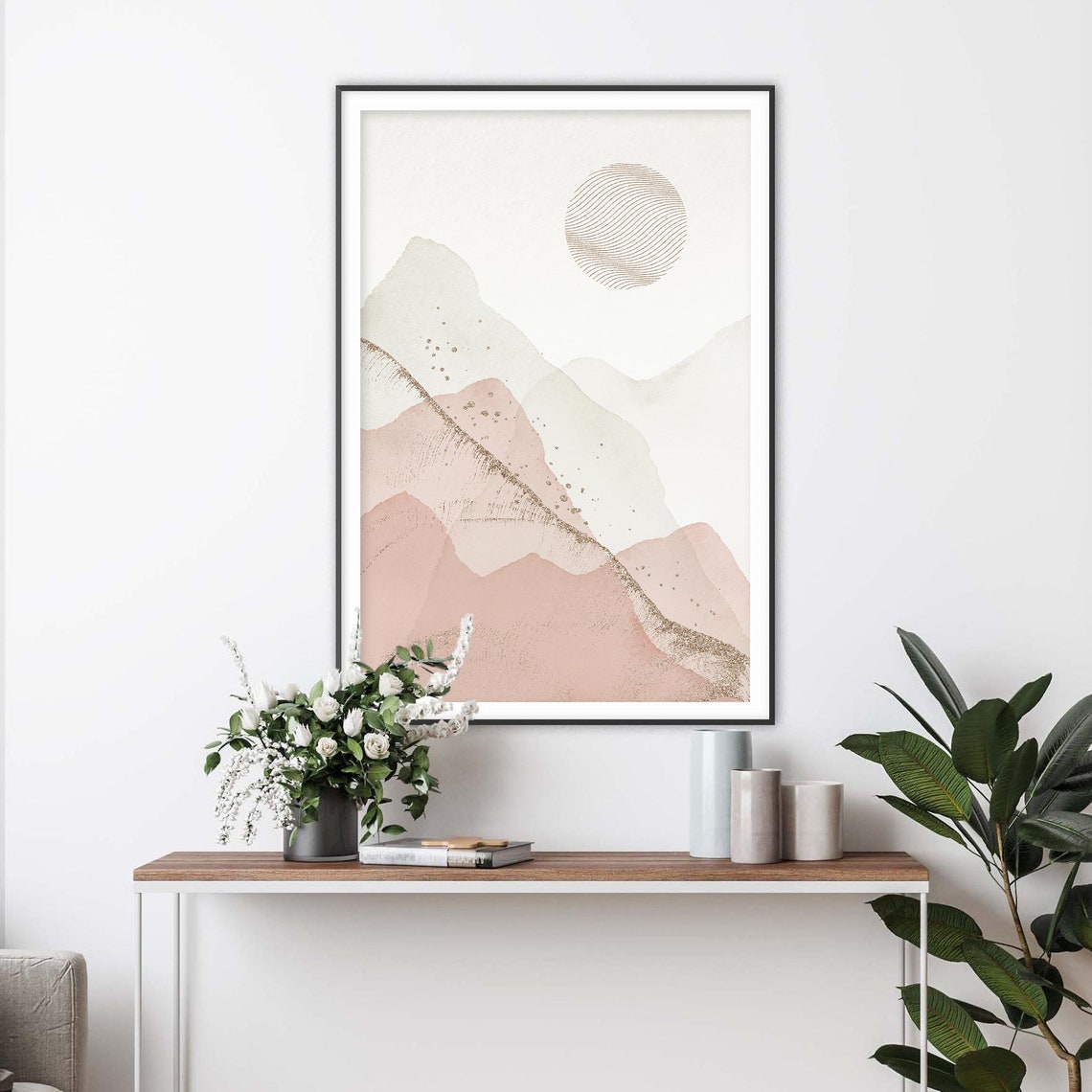 Blush Mountains Striped Sun Gold Streak Minimalist Art Poster - Image 2