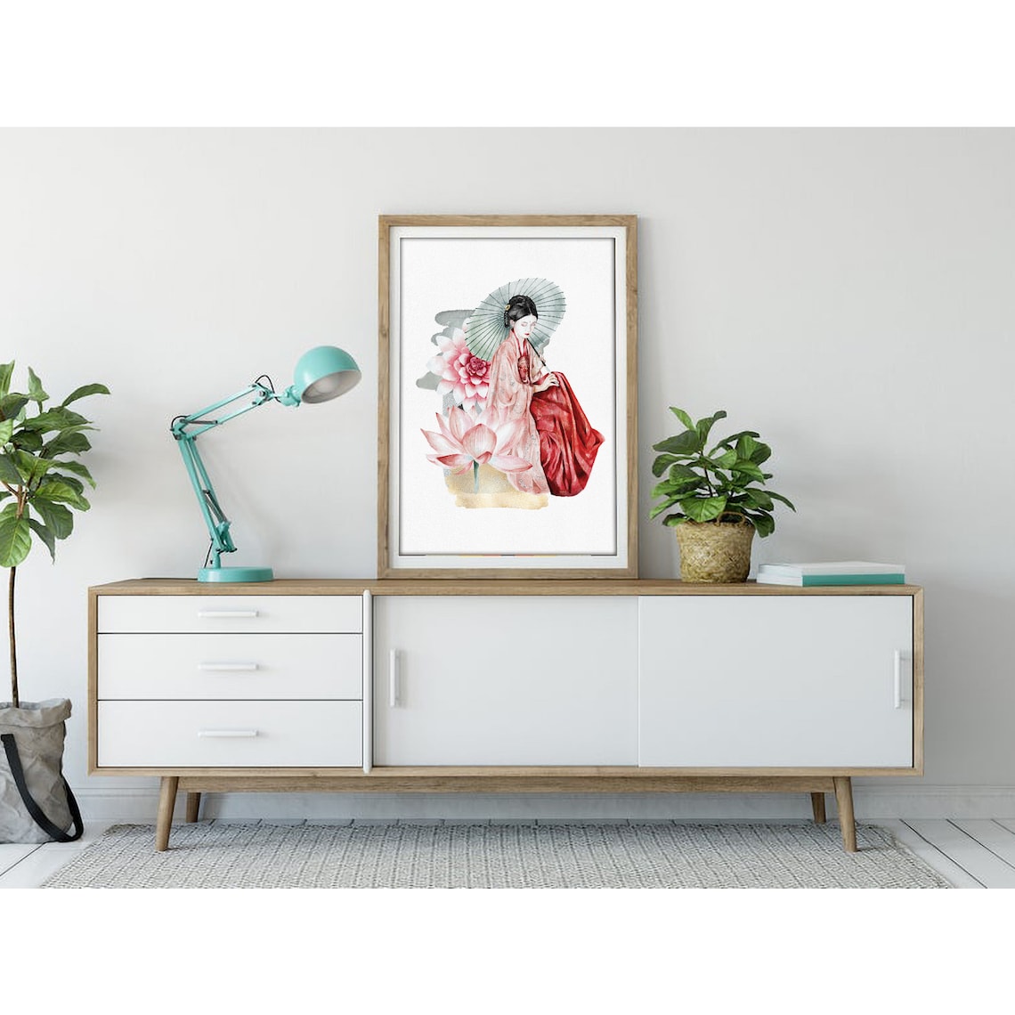 Japanese Woman with Parasol and Lotus Flowers Watercolor Poster - Image 3