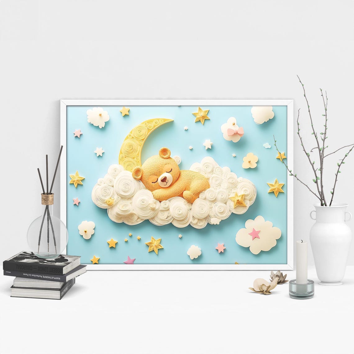 Sweet Sleeping Bear Moon Cloud Cute Nursery Paper Art Poster - Image 4