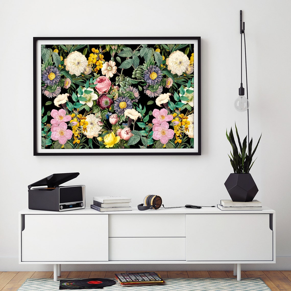 Vintage Pastel Wildflower Meadow on Black Botanical Wall Poster - Image 2