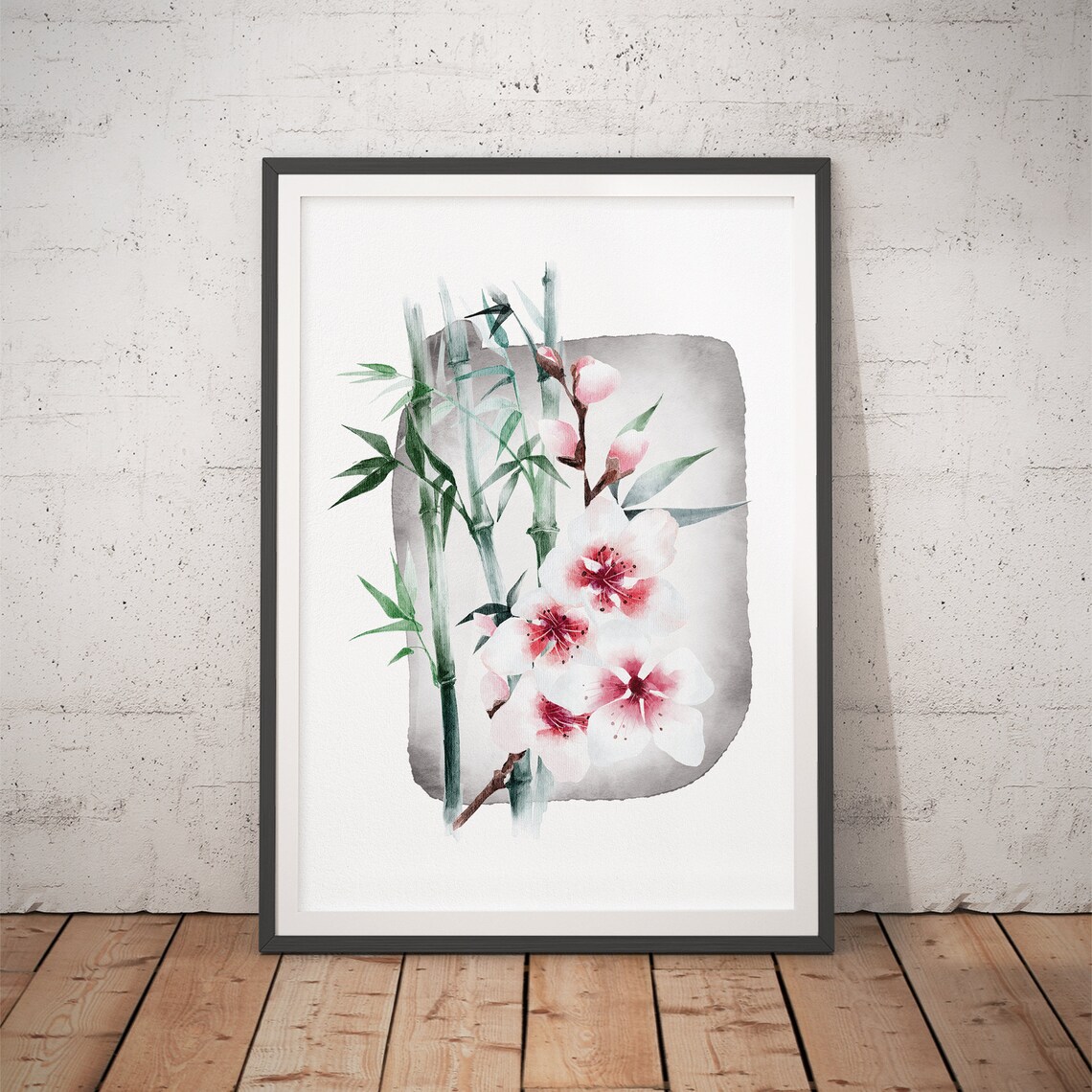 Bamboo Stalks and Pink Cherry Blossoms Japanese Watercolor Poster