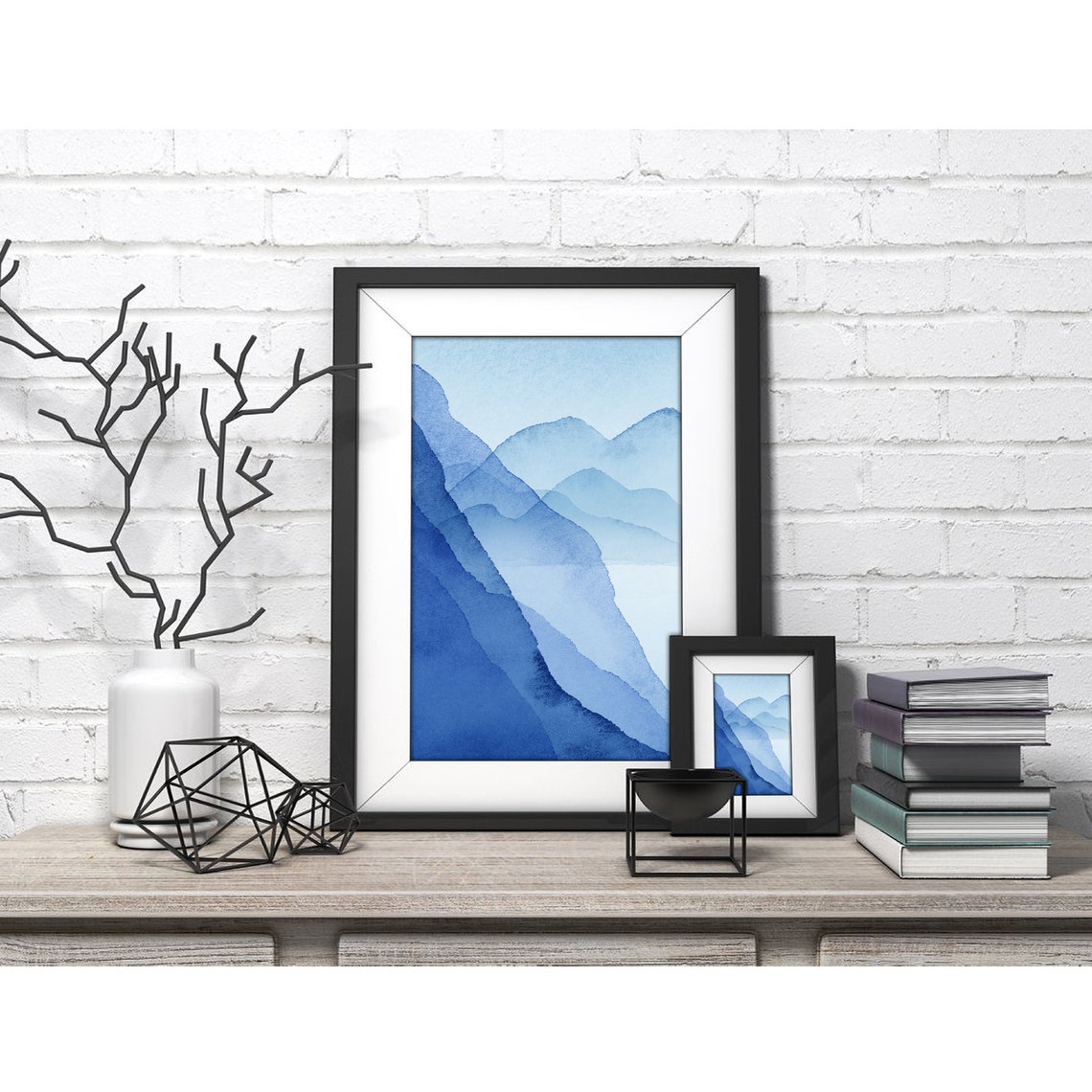 Blue Gradient Mountain Layers Serene Watercolor Landscape Poster - Image 4