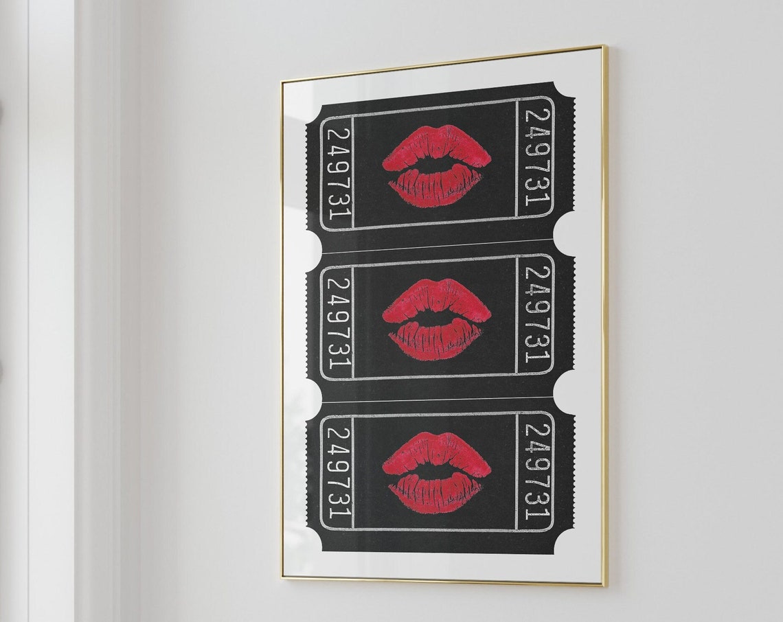 Red Lipstick Kiss Marks on Black Ticket Stubs Dramatic Pop Art Poster